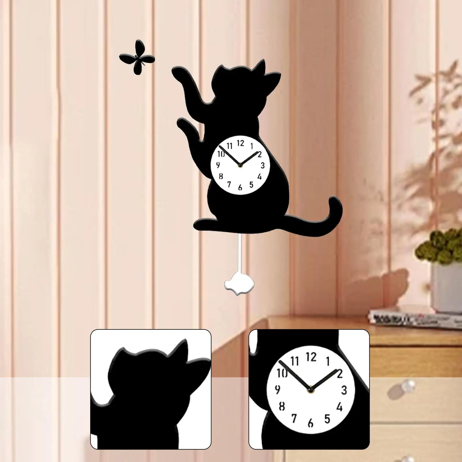 ساعة حائط على شكل فراشة قطة مزخرفة برسوم كرتونية لغرفة الطعام وغرفة الأطفال المنزلية
