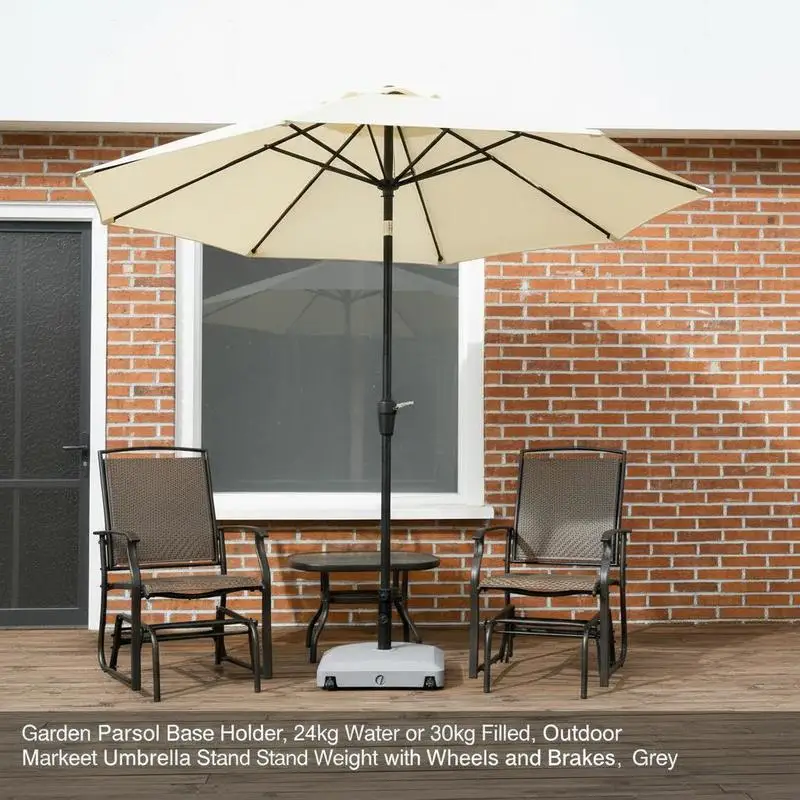 

Garden Parasol Base Holder, 24kg Water or 30kg Sand Filled, Outdoor Market Umbrella Stand Weight with Wheels and Brakes, Grey