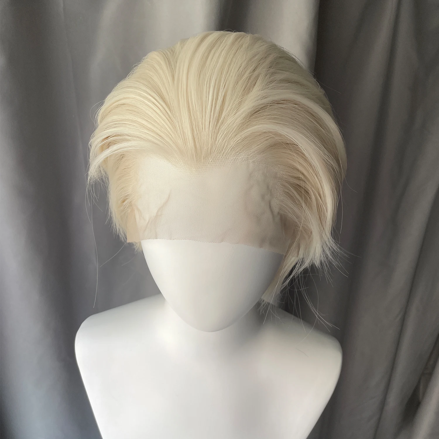 Peruki syntetyczne z koronką z przodu, krótki bob Widow's Peak dla kobiet, peruki cosplay dla mężczyzn, kolor platynowy, peruka z koronką 13x4, naturalny wygląd.