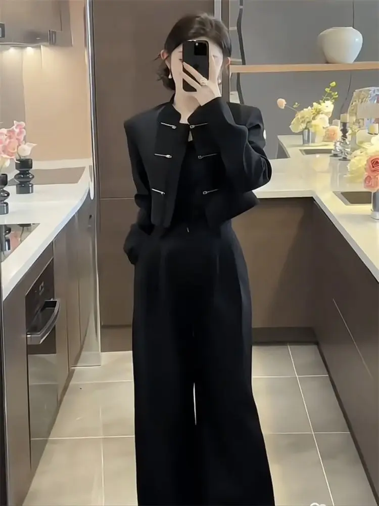 Autumn New Trendy Women Jacket Short Black New Heavy-Duty Button-Down Kawaii Korean Fashion Clothing For Womens Retro Coat