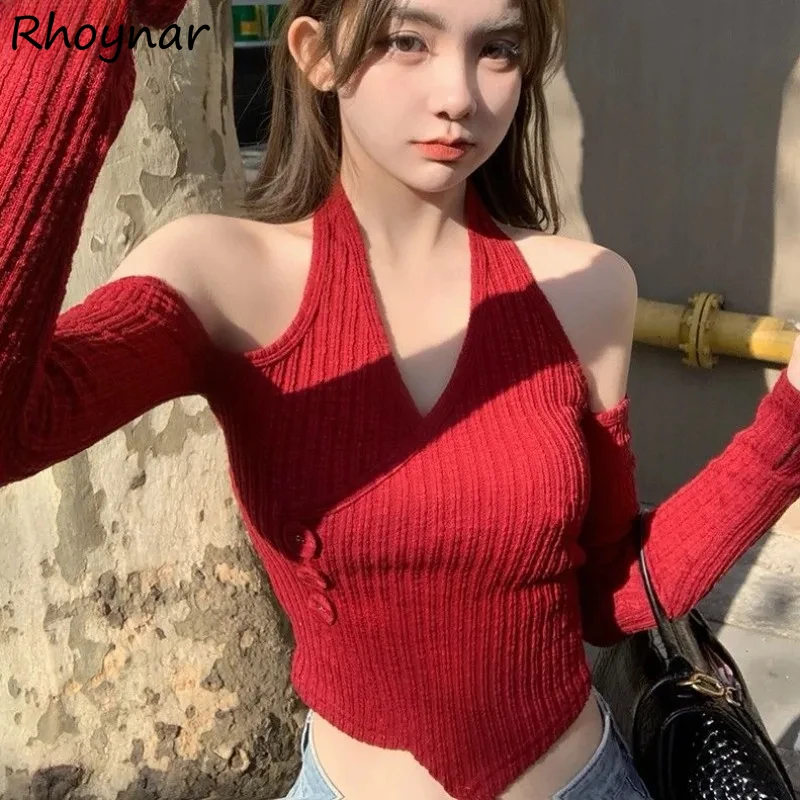 Halter Sexy Knitted Pullovers Women Off Shoulder Basic Solid Red Chic Nightclub Hot Short Streetwear Slim Female Spring Summer