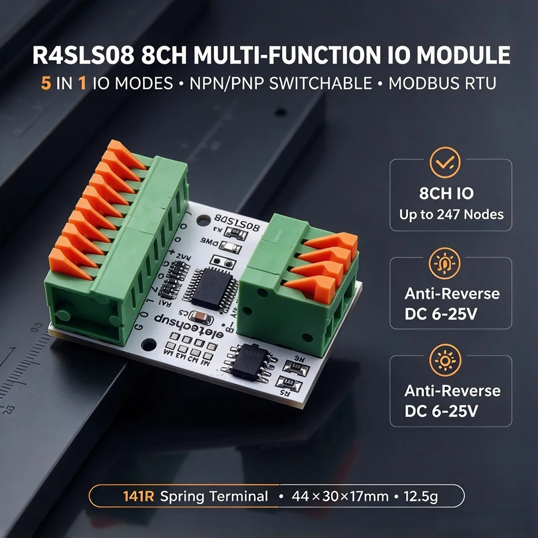 2PCS Modbus RTU RS485 IO Module 8DI/8DO Multi IO Modes NPN/PNP Switchable TTL 3.3V/5V Anti-Reverse DC6-25V IO Controller