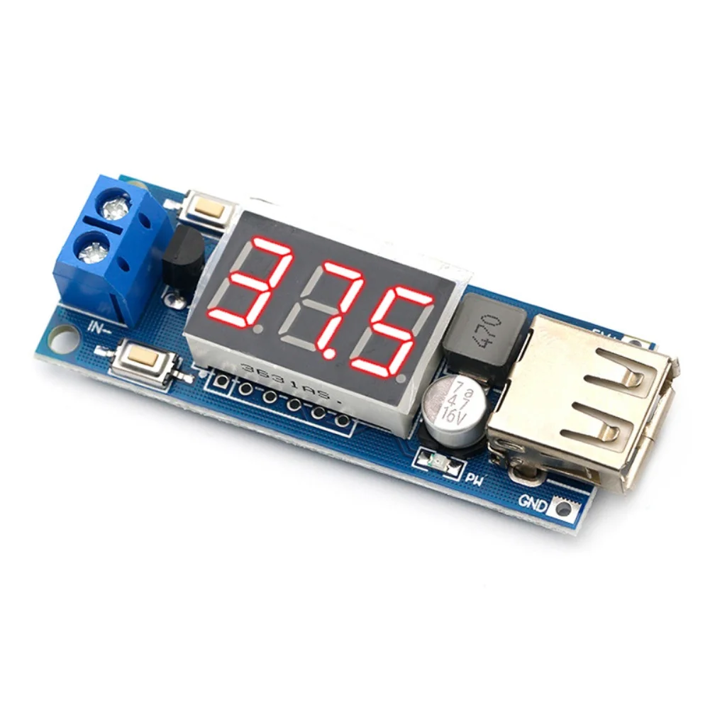 DC-DC Step-Down Module with 5V 2A USB Output and Digital Voltmeter for 4.5V to 40V Input Applications in Transportation