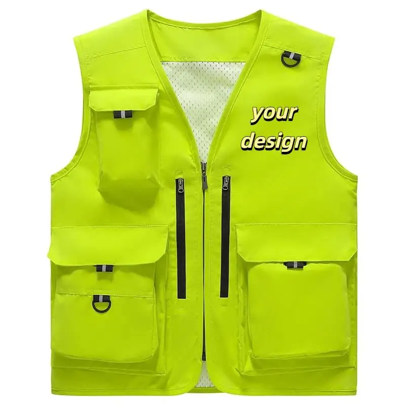Men'S Outdoor Vest Hiking Fishing Hunting Coat Photography Multi-Pockets Multi-Function Workshop Workerclothes Jacket Print Logo