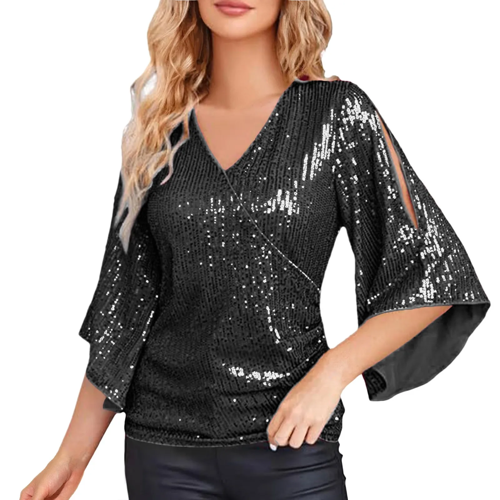 Camicetta da donna Top con paillettes Manica a 3/4 Glitter Sparkly Camicetta da festa Scollo a V Top eleganti per la festa serale Sottile Chic Blusas Para Muje