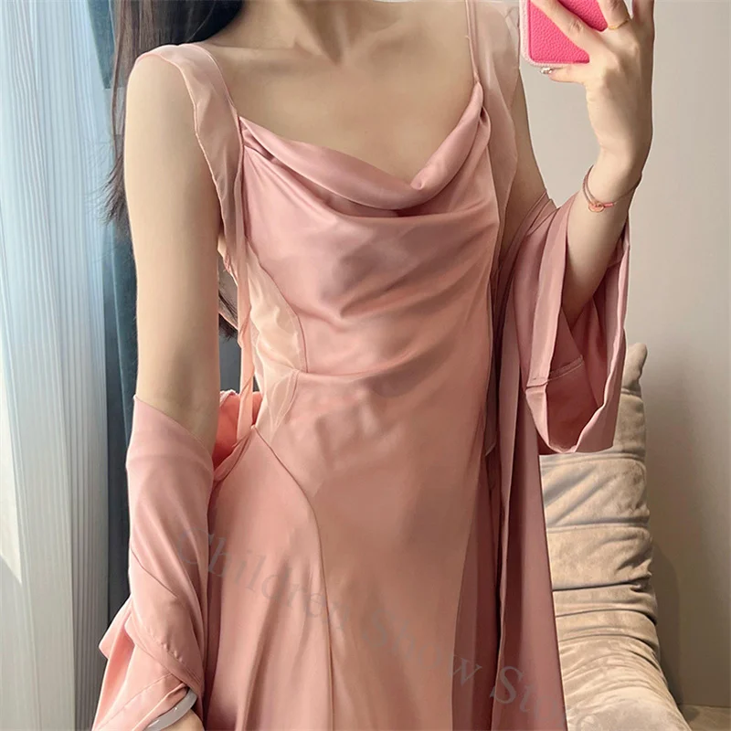 Sexy Nightgown Solid Color Sleepwear Rayon Home Dressing Gown Women Casual Kimono Bathrobe Nightwear Loose Spaghetti Strap