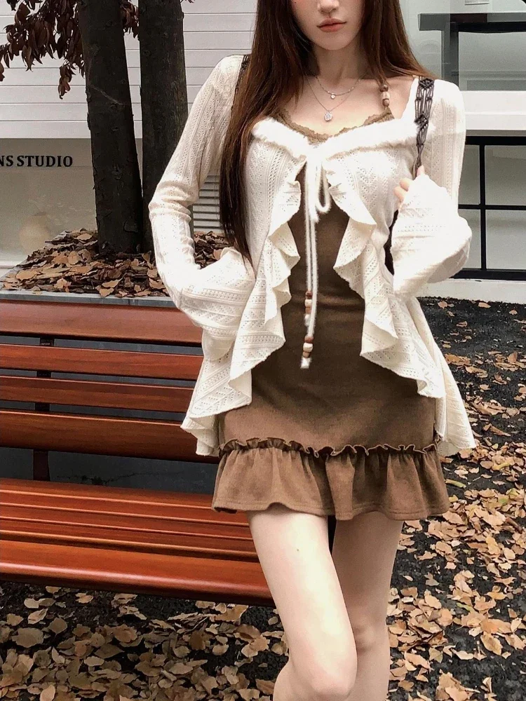 

2000s Y2k Gothic 2 Piece Set Spicy Girl Sexy Sleeveless Mini Dress + Knitted Ruffle Cardigan Chic Design Party Dress Suit Woman