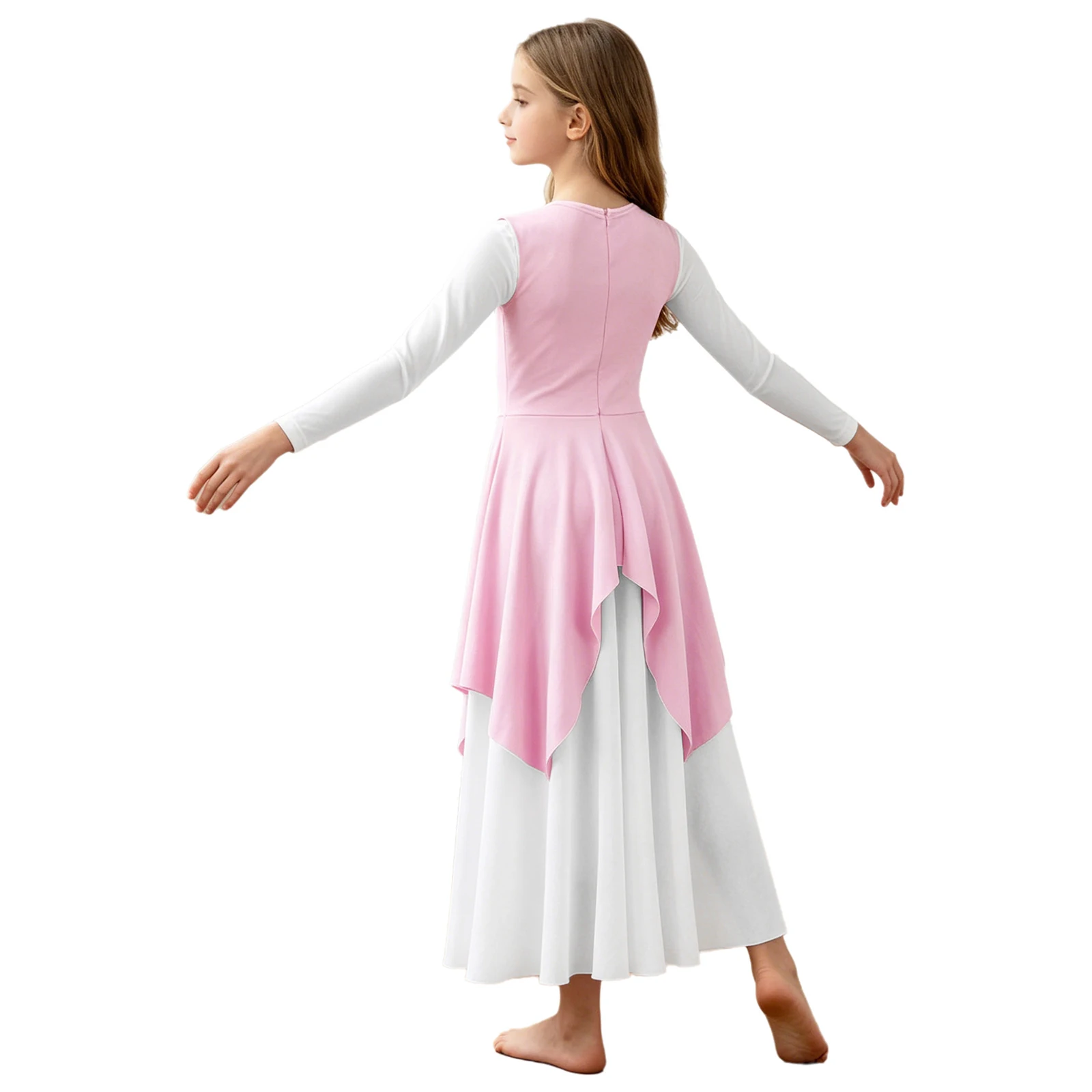 Kids Girls Praise Liturgical Worship Dance Dress Church Choir Lyrical Contemporary Dancewear Long Sleeve Metallic Tunic Gown