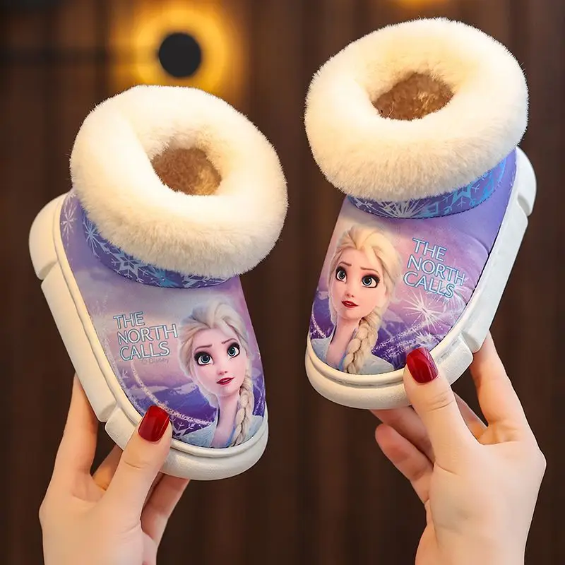 Disney Princess Elsa Winter Children\'s Cotton Slippers Girls\' Heel Wrap Warm Fur Wear Baby Blue Purple Snow Boots Size 22-35