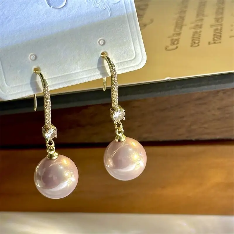 High-grade Korean fashion pearl earrings femininity trend zircon earrings simple light luxury pink hook earrings