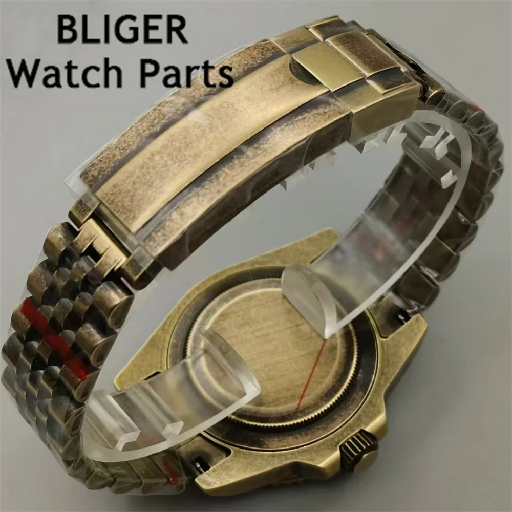 BLIGER 40mm NH34A Bronze Men's Automatic Watch GMT Function Black Yellow Dial Sapphire Glass Stainless steel Case Green Luminous