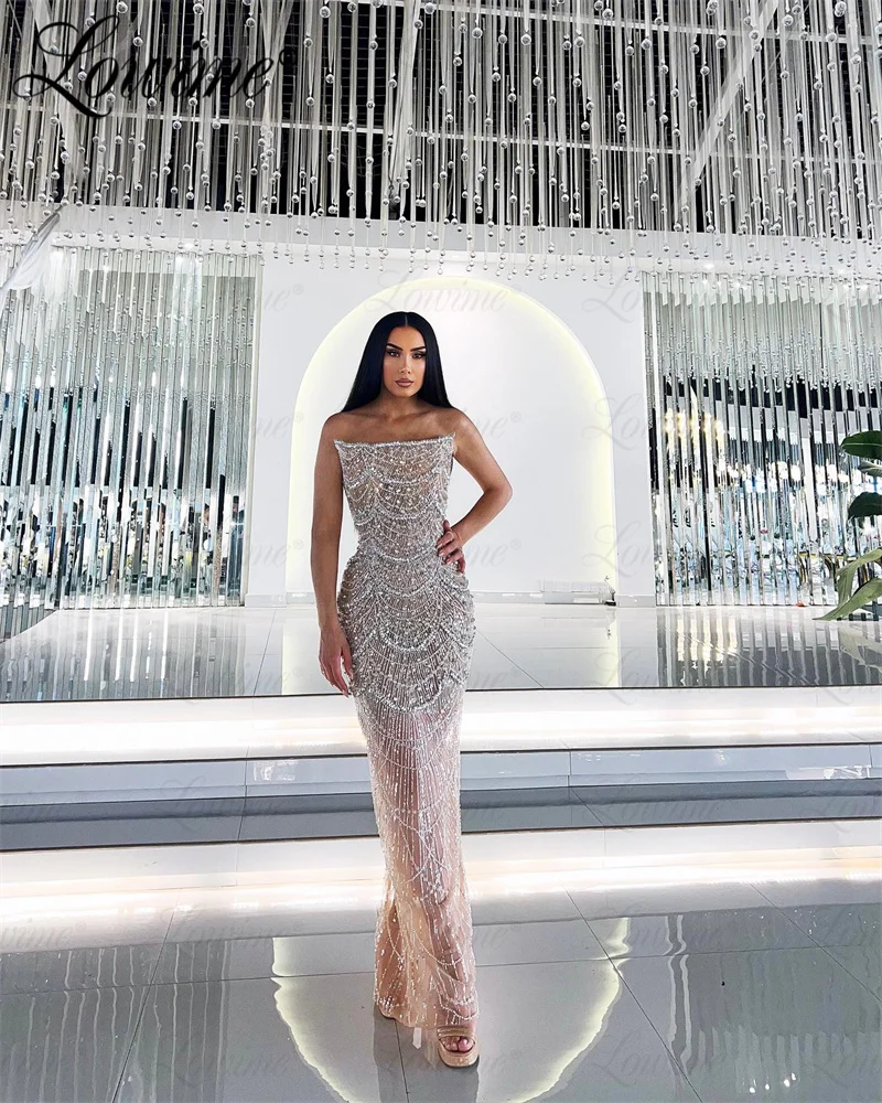 Champagne Aso Ebi Crystals Mermaid Prom Dress Sequined Strapless Evening Luxury Party Second Reception Birthday Engagement Gowns