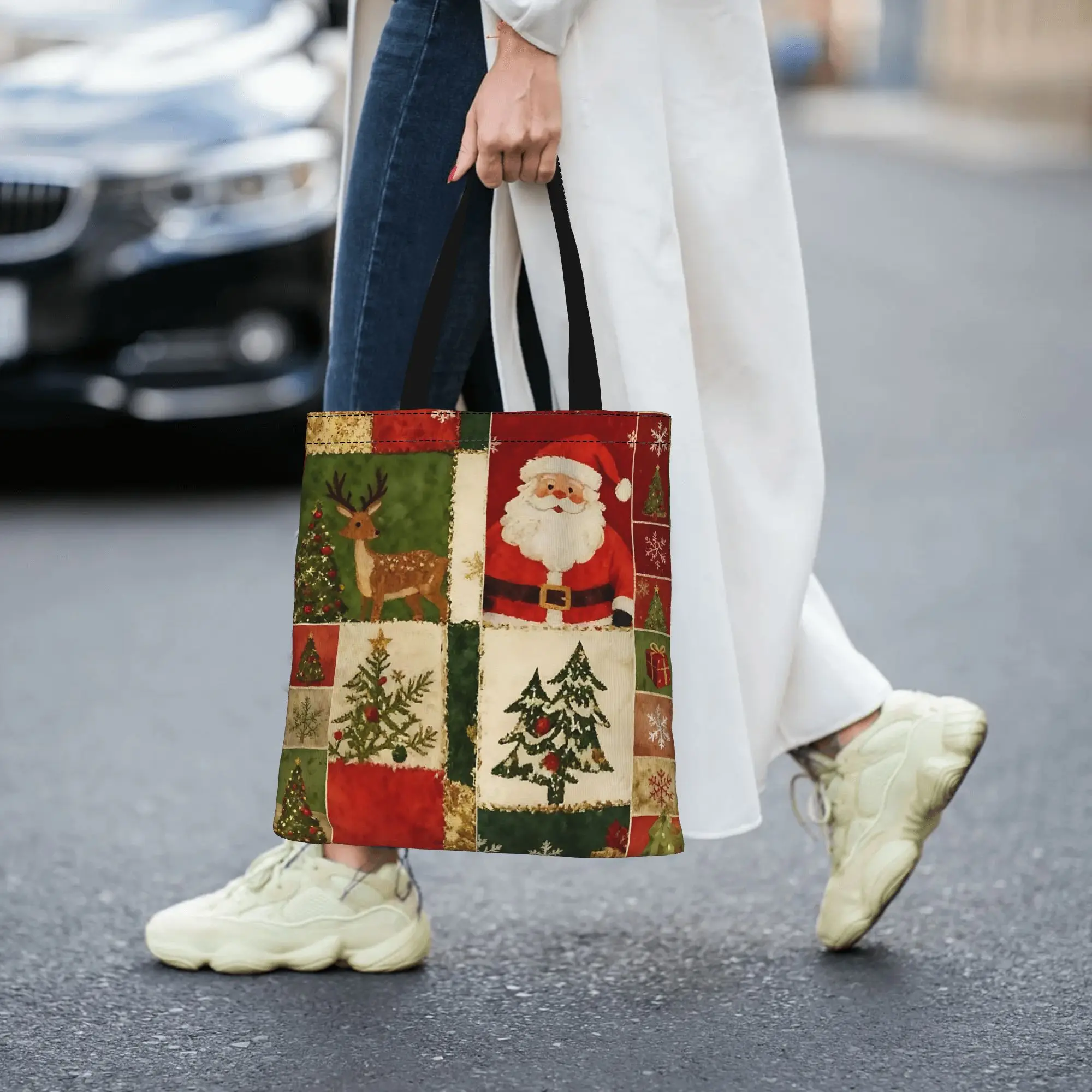 Customized Christmas Patchwork Seamless Pattern Women's Bag Shopping Bag Reusable Double Sided Canvas Tote Bag Shoulder  Handbag