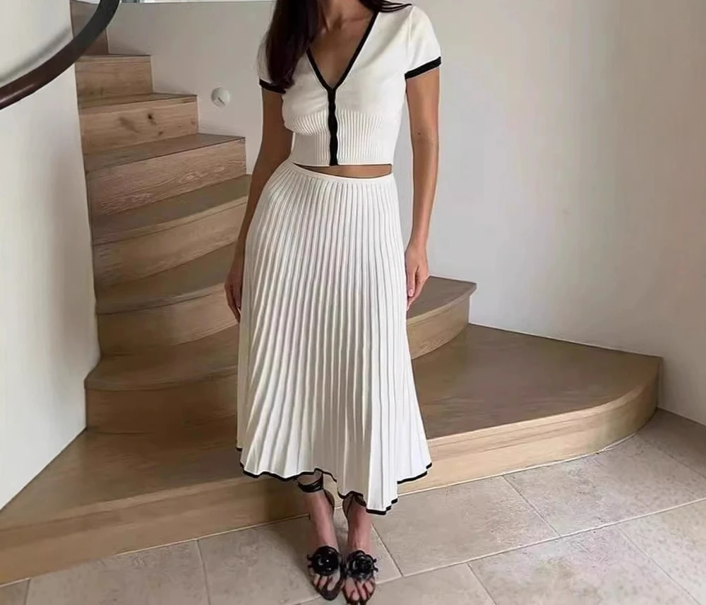 

Весенне-летний элегантный комплект платьев: популярный женский повседневный модный вязаный костюм-двойка для офиса