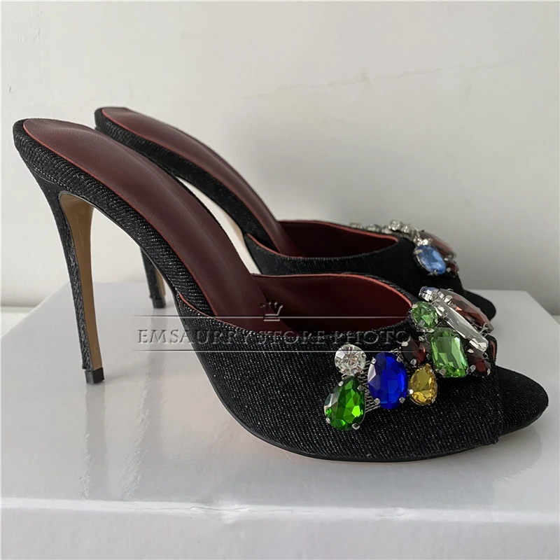 Individual Denim Slingbacks Mules For Girls Summer 10cm Stiletto Heel Colorful Rhinestone Buckle Decor Sandals Women 2024