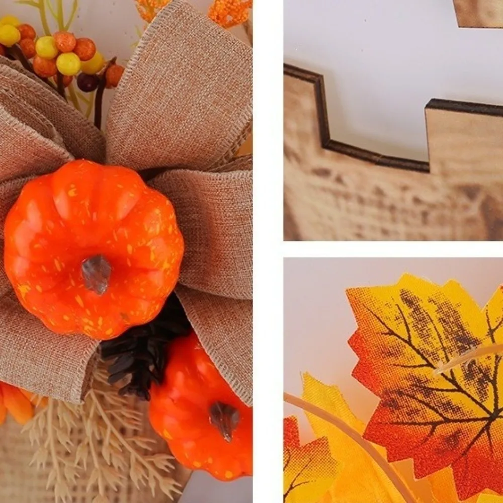 Rustic Halloween Wooden Pumpkin Door Hanger Thick Board with Bow Artificial Fall Pumpkin Floral Wreath Vintage Anti-Deformation