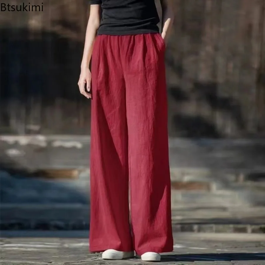 عادية القطن الكتان السراويل النساء فضفاض خمر واسعة الساق بانت الصلبة كل مباراة جيب بنطلون موضة جديدة ربيع الخريف Sweatpants #3