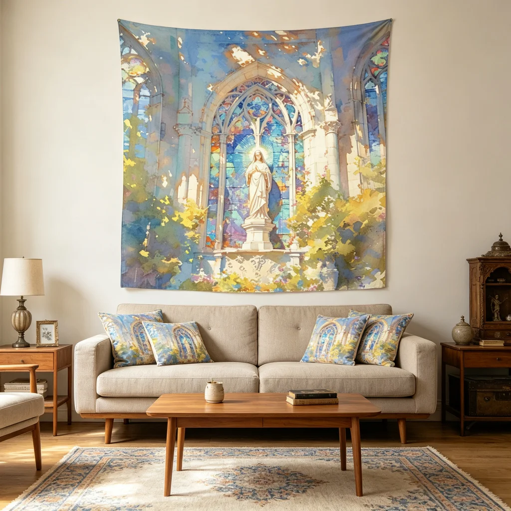 1PC Church Mary Statue Art Print Backdrop Banner, Bedroom Living Room Photo Background, Polyester, Home Decor, Wall Art