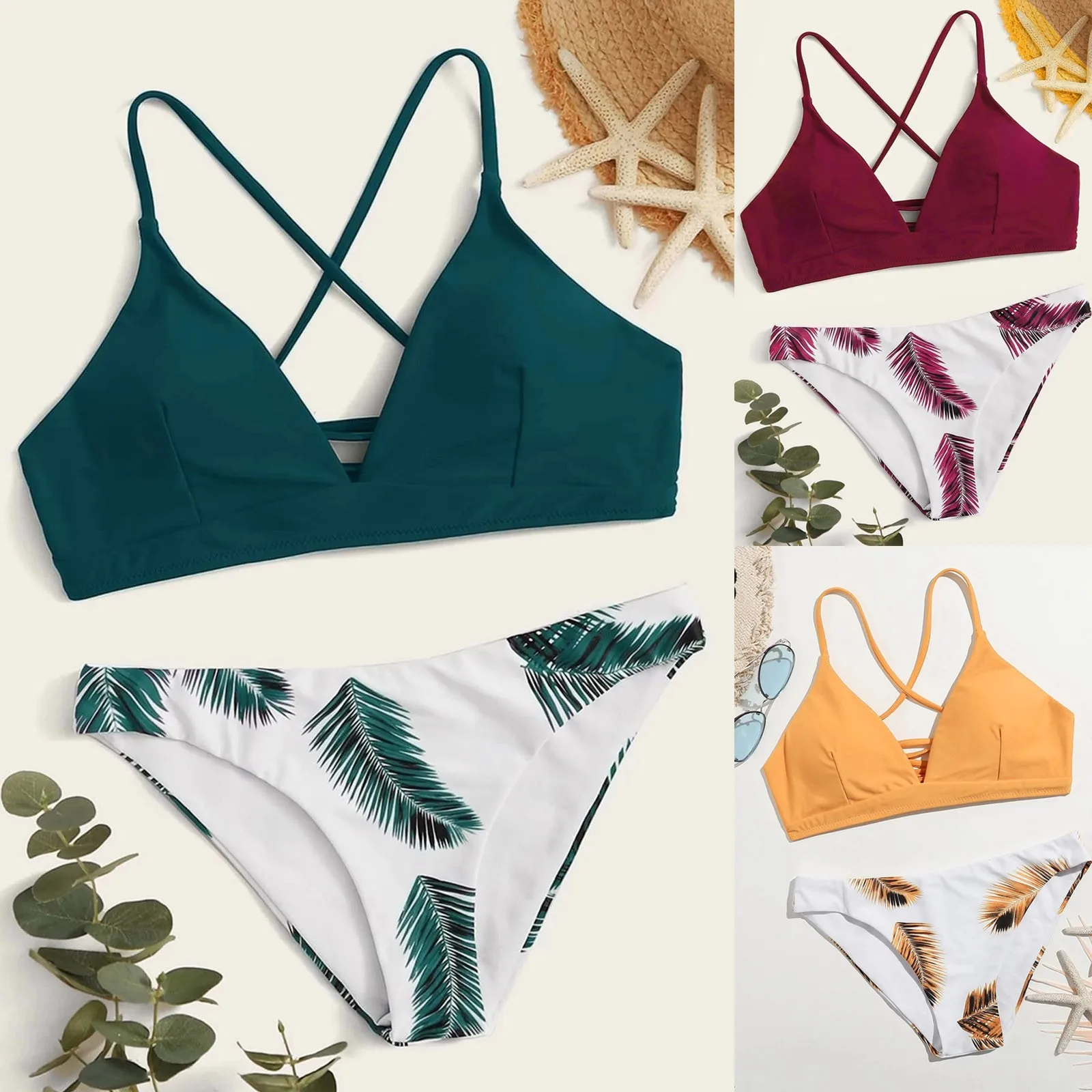 Crisscross Bikini Swimwear Summer Leaf Crisscross Bikini Swimwear Summer Print Set Beachwear Vacation V Neck Bathing Suit T1