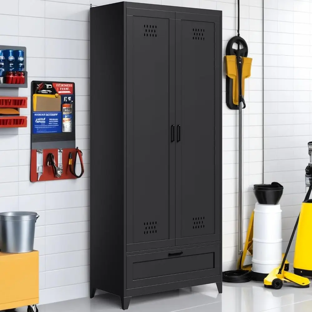 

71" Metal Garage Broom Cabiwith Adjustable Shelves, Vacuum Storage Cabinet with Doand Der, Tool Storage Cabinet or Gym, Basement