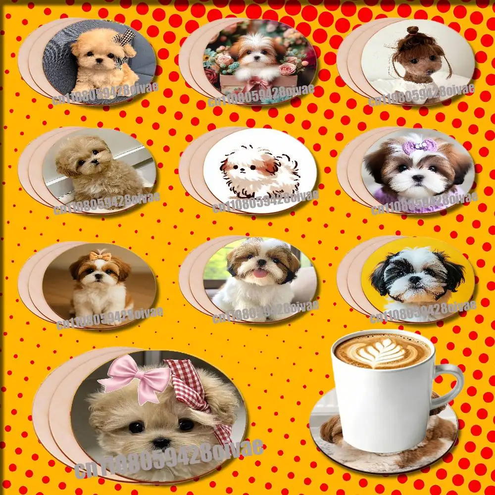

Shih Tzu Puppy Dog For Wine Water Coffee Tea Coaster Cup Glass Mat 10CM Wood Round Non Fouling