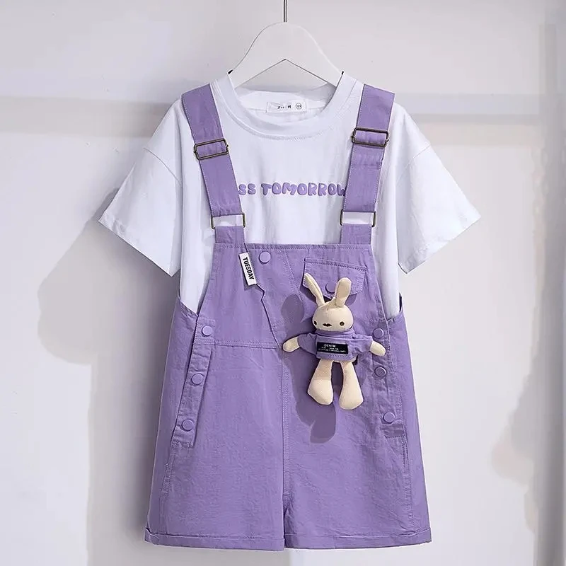 Summer Girls\' Clothing Set New Fashionable Children\'s Bunny Casual Short Sleeve T-shirt Shorts Two Piece Set