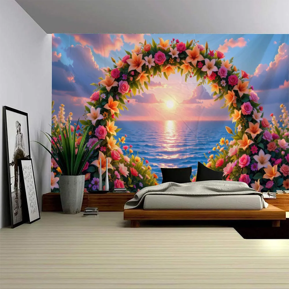 Bohemian Floral Print Tapestry Dreamy Forest Waterfall Wall Hanging for Living Room Bedroom Home Decor Wall Background Cloth