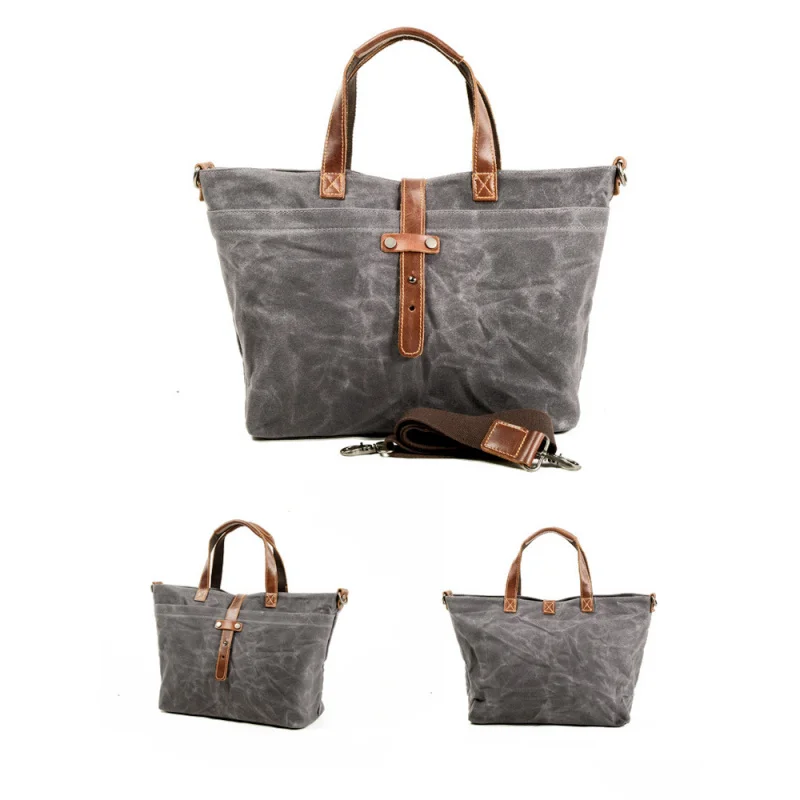 Korean-Style Oil Wax Canvas Women's Bag, Simple Handbag, Horizontal Solid Color Vintage Shoulder Crossbody Bag, Men's Pleated