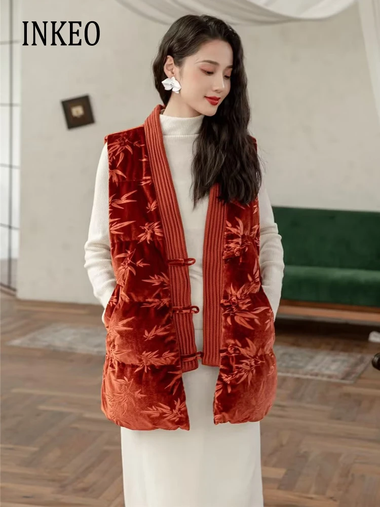 Chinese style Velvet Sleeveless vest Women's Print V-neck down jacket 2024 Autumn winter Warm Waistcoat Outwear Female 3O375