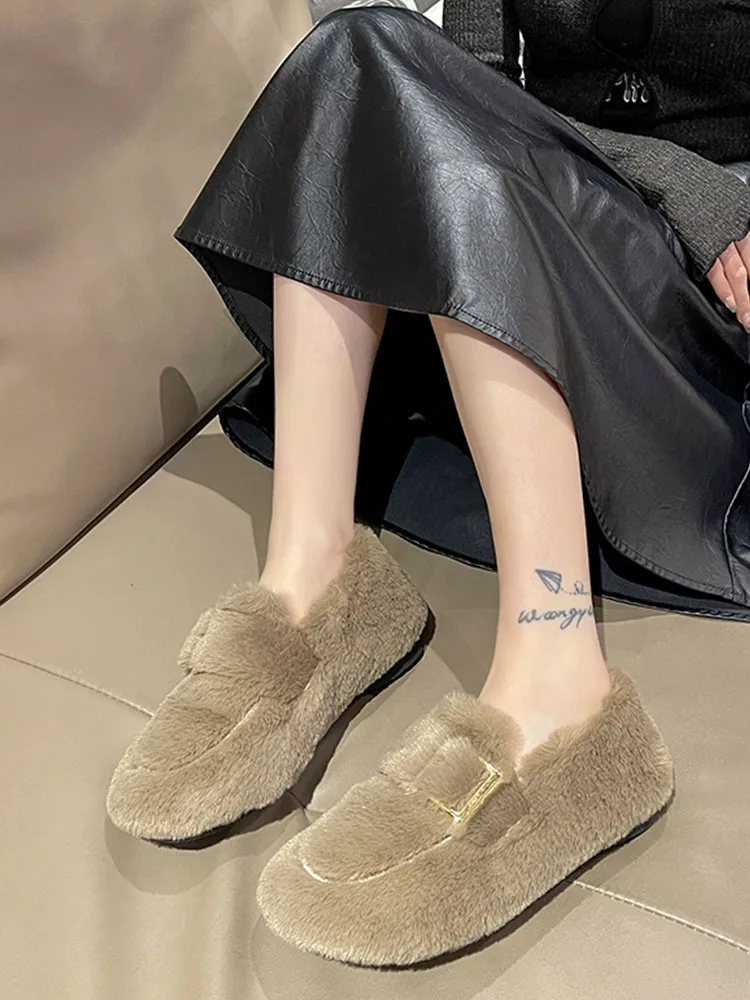 Casual Woman Shoe Modis Slip-on All-Match Round Toe Loafers Fur Shallow Mouth New Slip On Moccasin Winter Slip-On Leisure R