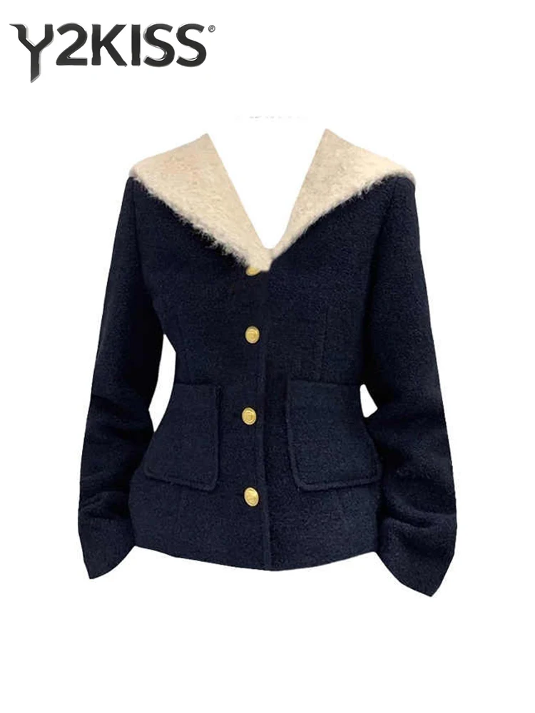 

Зимняя женская шерстяная куртка с матросским воротником в американском стиле ретро, верхняя одежда в консервативном стиле, пальто Y2k, корейская мода 2000-х годов, плотная уличная одежда