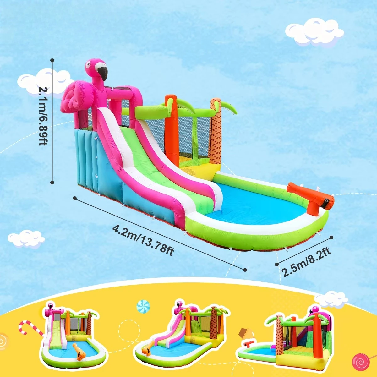 Flamingo Themes Indoor Outdoor Playground Jumping Castle Bouncy Toys Inflatable Bounce House Combo Slide Backyard Outdoor Game