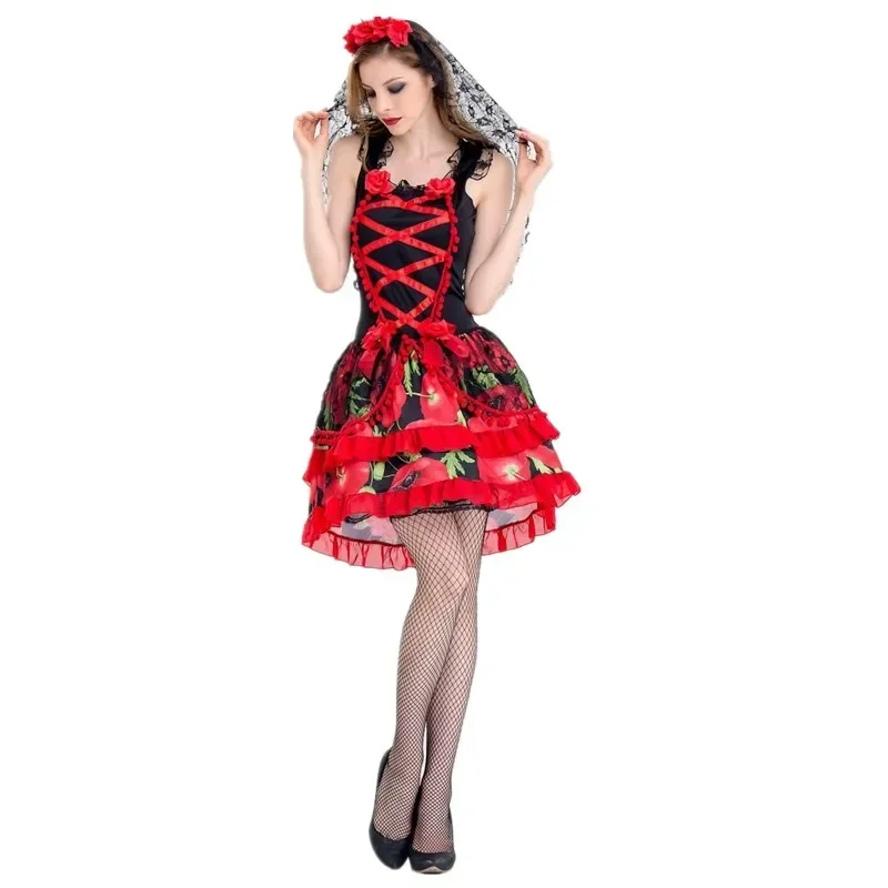 Adulto feminino mexicano dia dos mortos crânio assustador traje halloween carnaval festa flor fada fantasmas noiva cosplay vestido