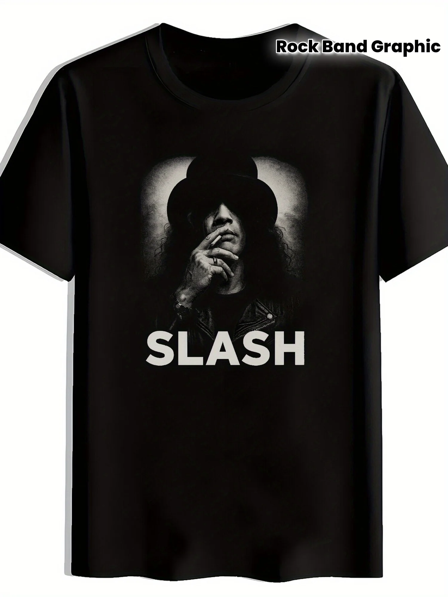 

MenS Vintage Rock Band Graphic T-Shirt Black Short Sleeve Crew Neck Polyester Top with SLASH Music Print Casual Summer Wear