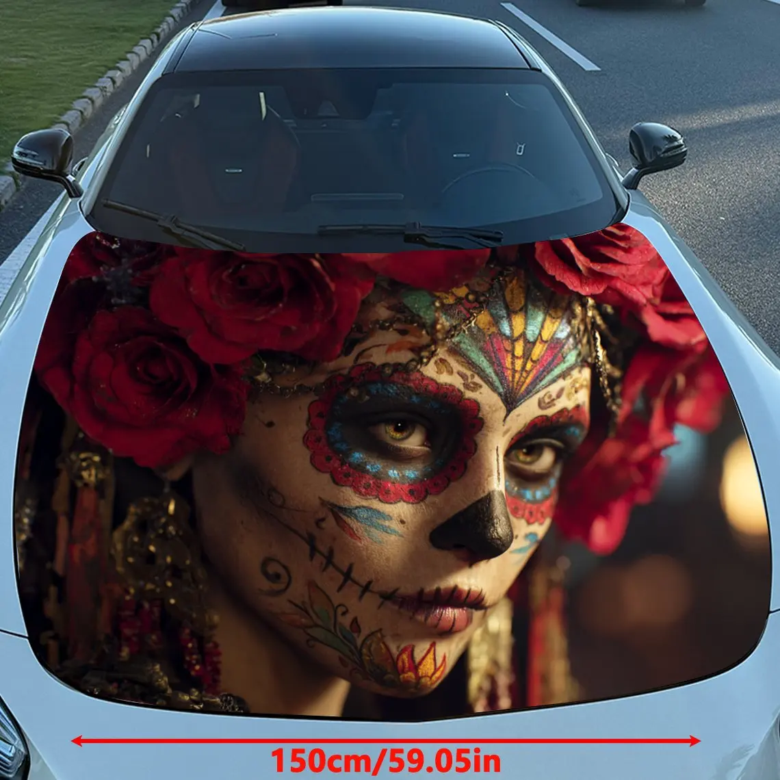 Beautiful Skeleton Makeup Woman Hood Decoration - Self-Adhesive Car, Motorcycle, Truck Hood Stickers - Easy Application & Remova