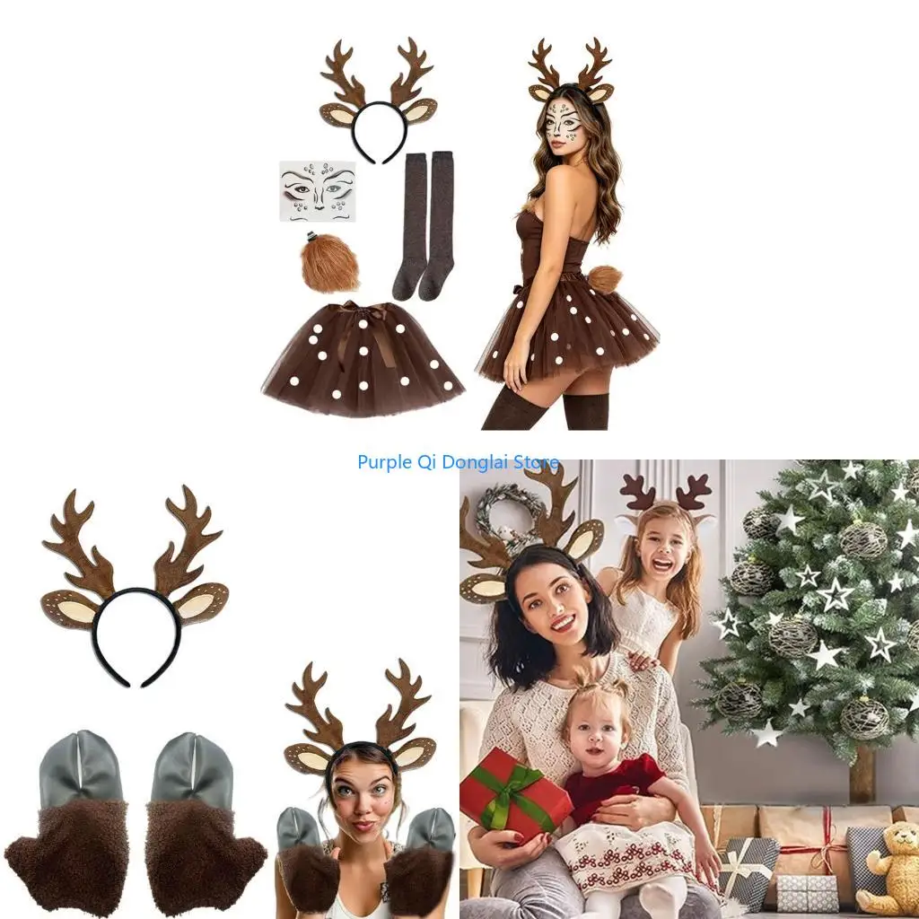 L21E Reindeer Horns Ear Headband Antlers Fawn Tail Face Stickers Vest Deer Costumes