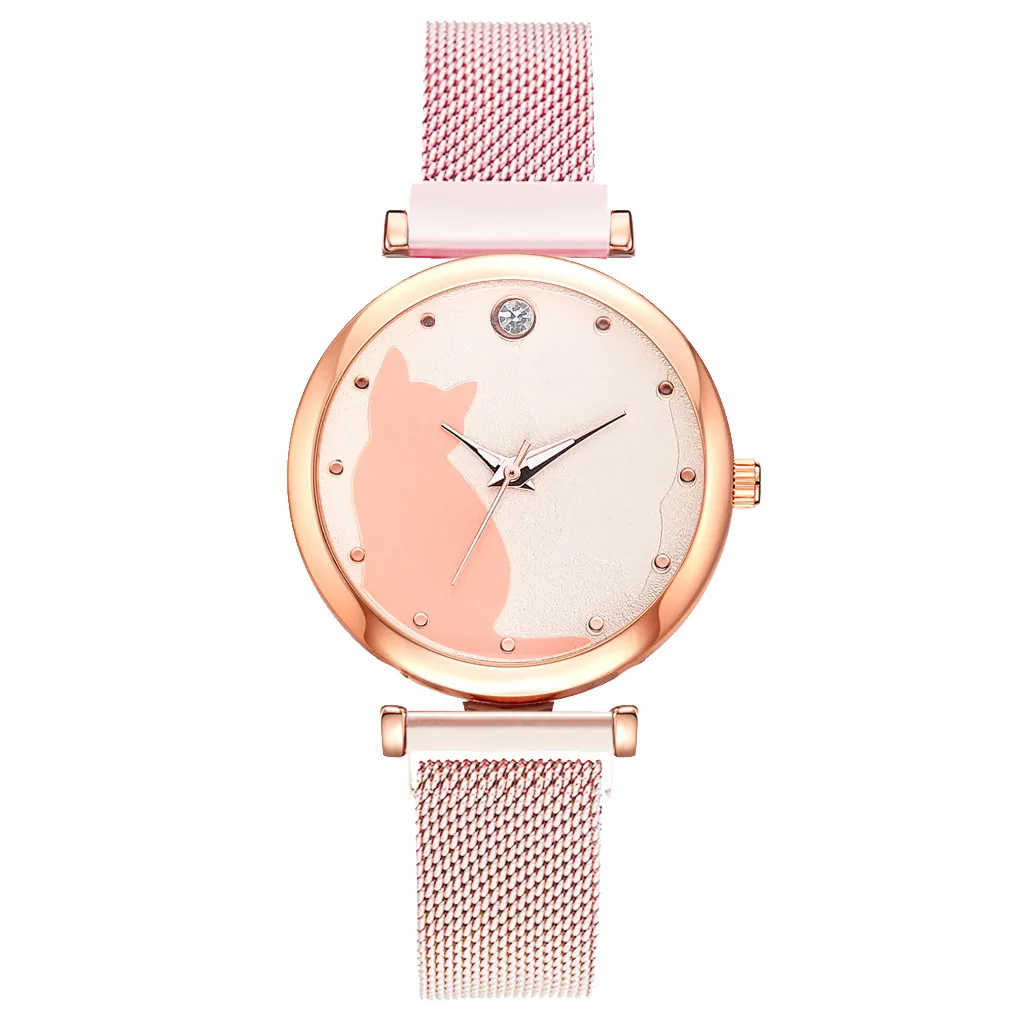 5Pcs Women Watch Set Quartz Wristwatch Mesh Bracelet Cat Dial Luxury Women Watch Casual Ladies Clock With Bracelet Set