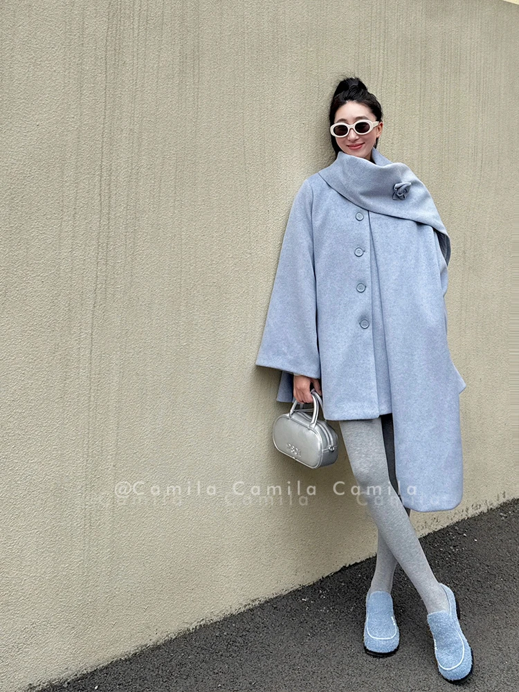 Otoño Invierno estilo de desplazamiento coreano mujer azul drapeado apliques florales bufanda de gama alta cuello abrigo suelto de un solo pecho