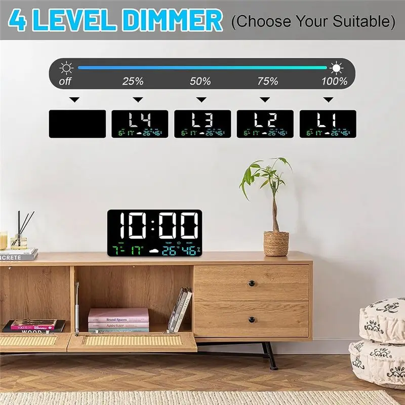 A93Z Digital Wall Clock Large Display, 9.8Inch USB Alarm Clock For Bedrooms With Weather Station