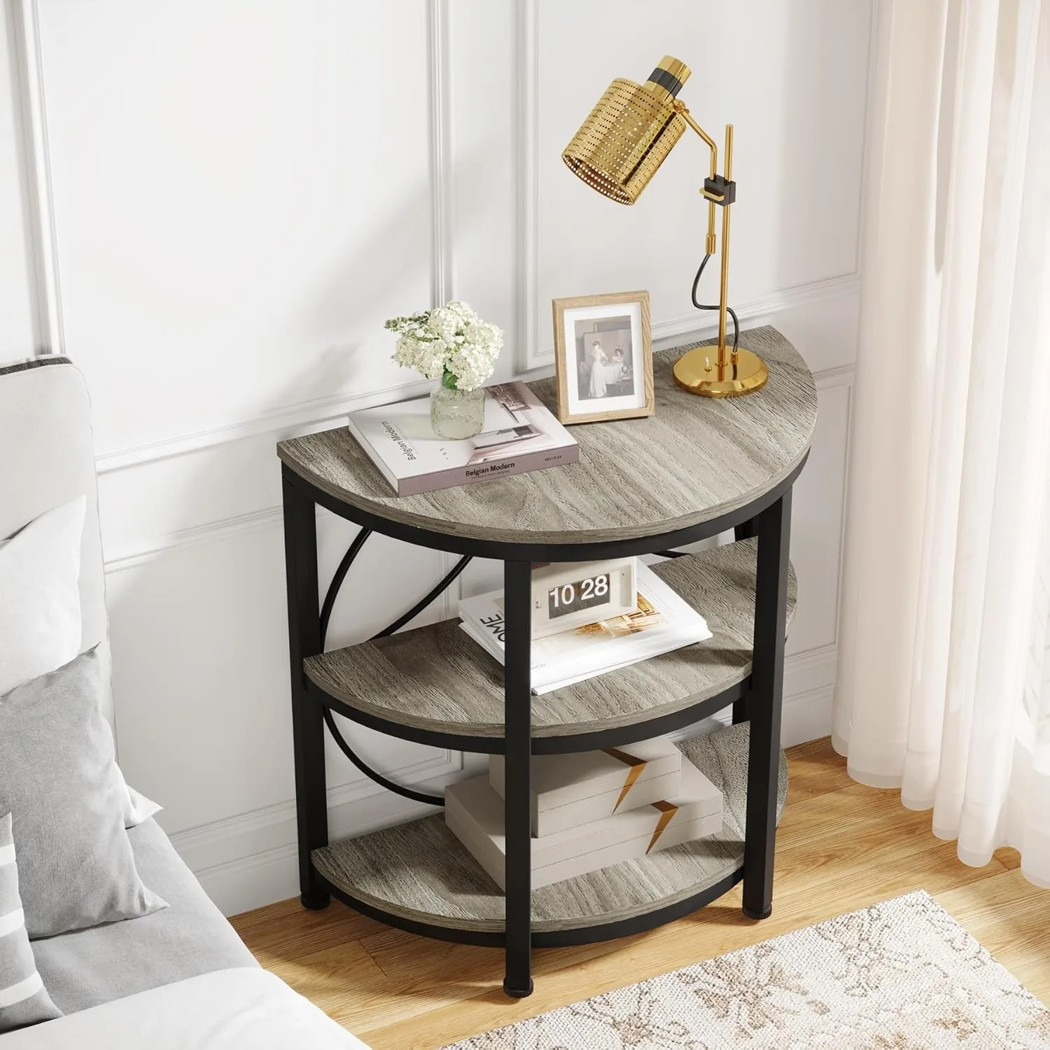 Small Half Round End Table, Half Circle Side Table with Shelves and Metal Frame, 3-Tier Half Moon Console Table(1PC)