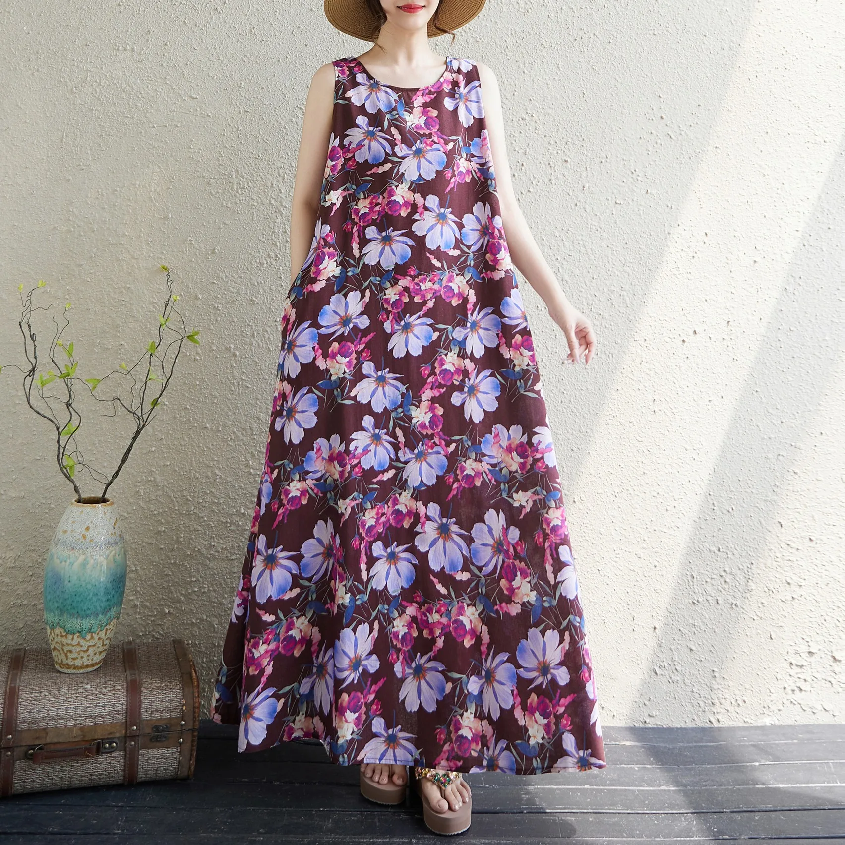 

Богемное длинное платье больших размеров, летнее, новое, без рукавов, с круглым вырезом, с принтом, в милом стиле, хлопковое, для прогулок по городу, А-силуэт