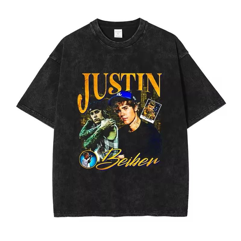 Justin Bieber T Shirt Hip Hop Rapper Singer JBiebs Tops Tees Vintage Washed Short Sleeve Oversized T-shirt Harajuku Sweatshirts