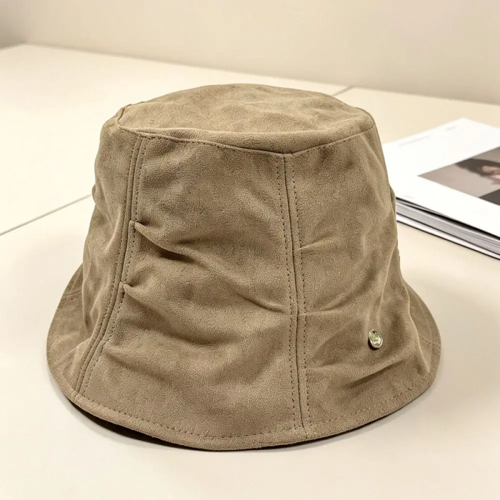 Korean Fashion Pleated Fisherman Hat Autumn Winter Warm Comfortable Adjustable Soft Polyester Decorative Metal Logo Basin Cap