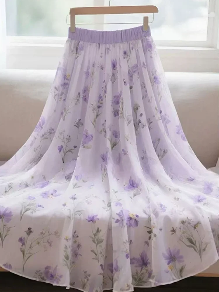 Zoki Purple Floral Chiffon Long Skirt Women High Waist Sweet Vintage Elegant Skirts Korean Casual Summer Soft Retro Long Skirts