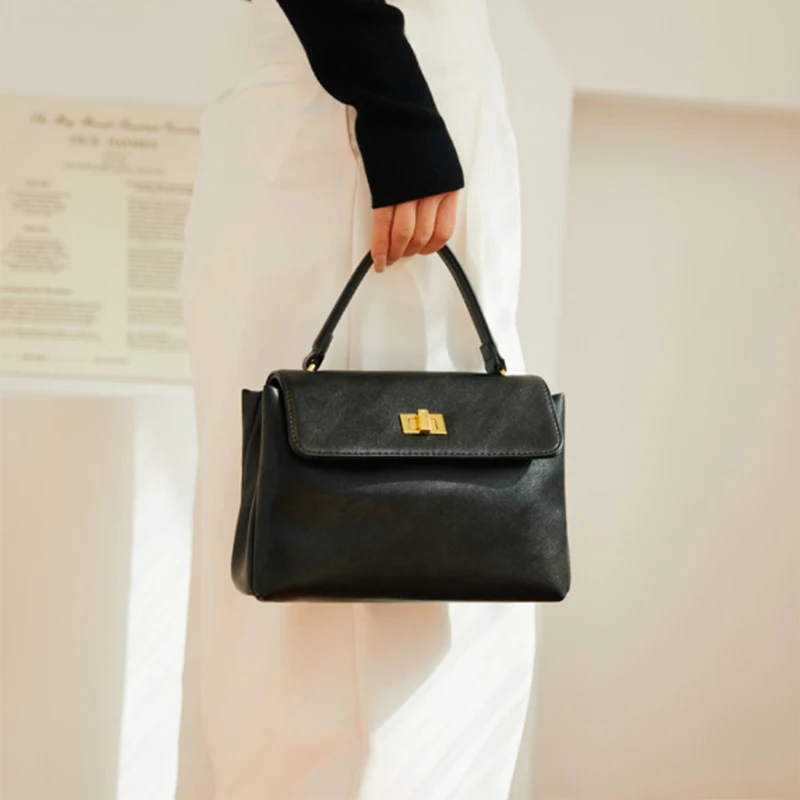 Cowhide Genuine Leather Tote Bag For Women Long Shoulder Strap   High Quality Leather Gold Lock Handbag Versatile Crossbody Bags
