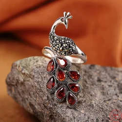 Genuine S925 Sterling Silver Charms Rings for Women New Fashion  Peacock Inlaid Garnet Micro Marcasite Punk Jewelry Wholesale