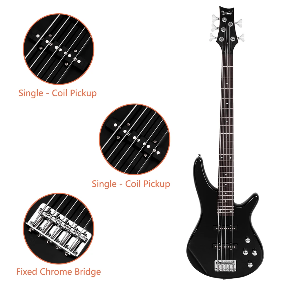 5 String Full Size Electric Bass Guitar SS Pickups and Amp Kit for The Experienced Player Black