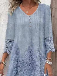 2024 Spring Summer New Women's Clothing Solid Color Fashion Lace Hollow Casual Button Seven Inch Sleeve Medium Long Dress
