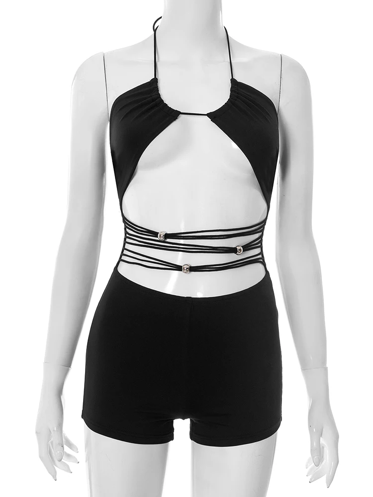 Estranho gato irregular oco playsuits feminino contas malha retalhos rendas-up halter sem costas meia-noite sexy coquette magro macacão