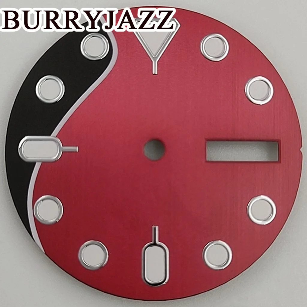 BURRYJAZZ 28.5 ملم بدون شعار NH36 قرص الساعة أسود أحمر مينا أخضر مضيء مناسب 3 الساعة 3.8 ساعة تاج